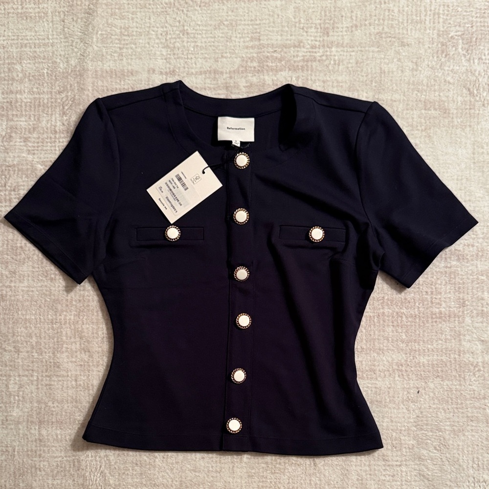 REFORMATION Ellen Knit Top Navy size S brand new